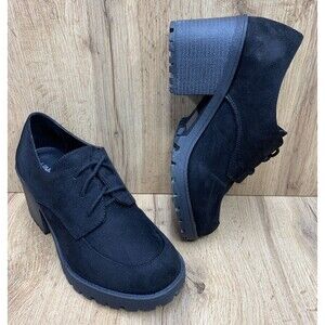 Unr8ed Women's KEEPER Lace Up Chunky 3” Heel Oxfords Faux Suede Black Size 9 M